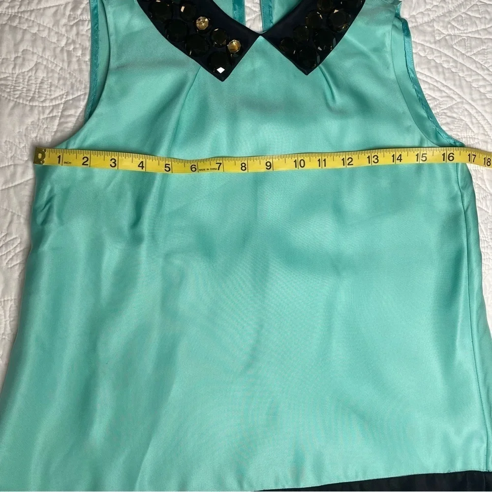 Kate Spade New York Sleeveless Embellished Collar Top Size 2 Aqua Black Trim